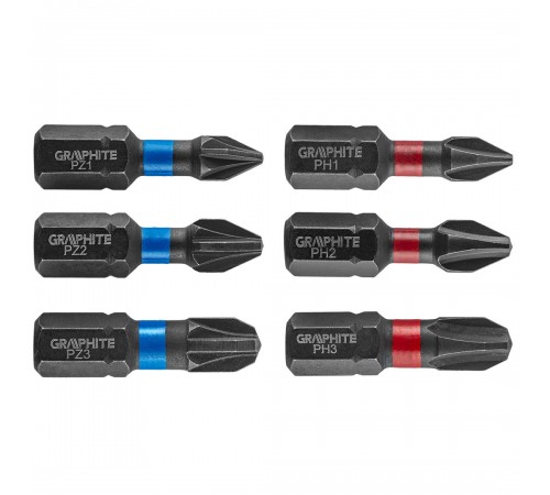 Ударные биты GRAPHITE 56H540 PH1/2/3, PZ1/2/3, 25 мм, сталь S2, набор бит для шуруповерта