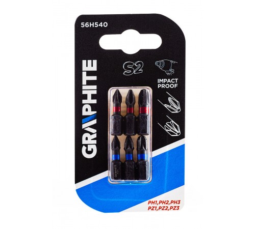 Ударные биты GRAPHITE 56H540 PH1/2/3, PZ1/2/3, 25 мм, сталь S2, набор бит для шуруповерта