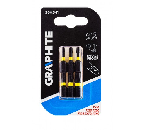 Ударные биты GRAPHITE 56H541 TX10-TX40, 25 мм, сталь S2, для шуруповертов и отверток