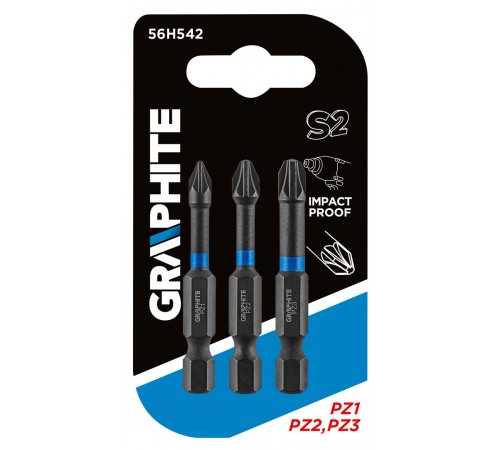 Ударные биты GRAPHITE 56H542 PZ1/PZ2/PZ3, 50 мм, сталь S2, для шуруповерта и ударной отвертки